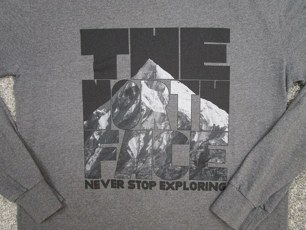 North Face Shirt Men Medium Gray Graphic Print Never Stop Exploring Long Sleeve